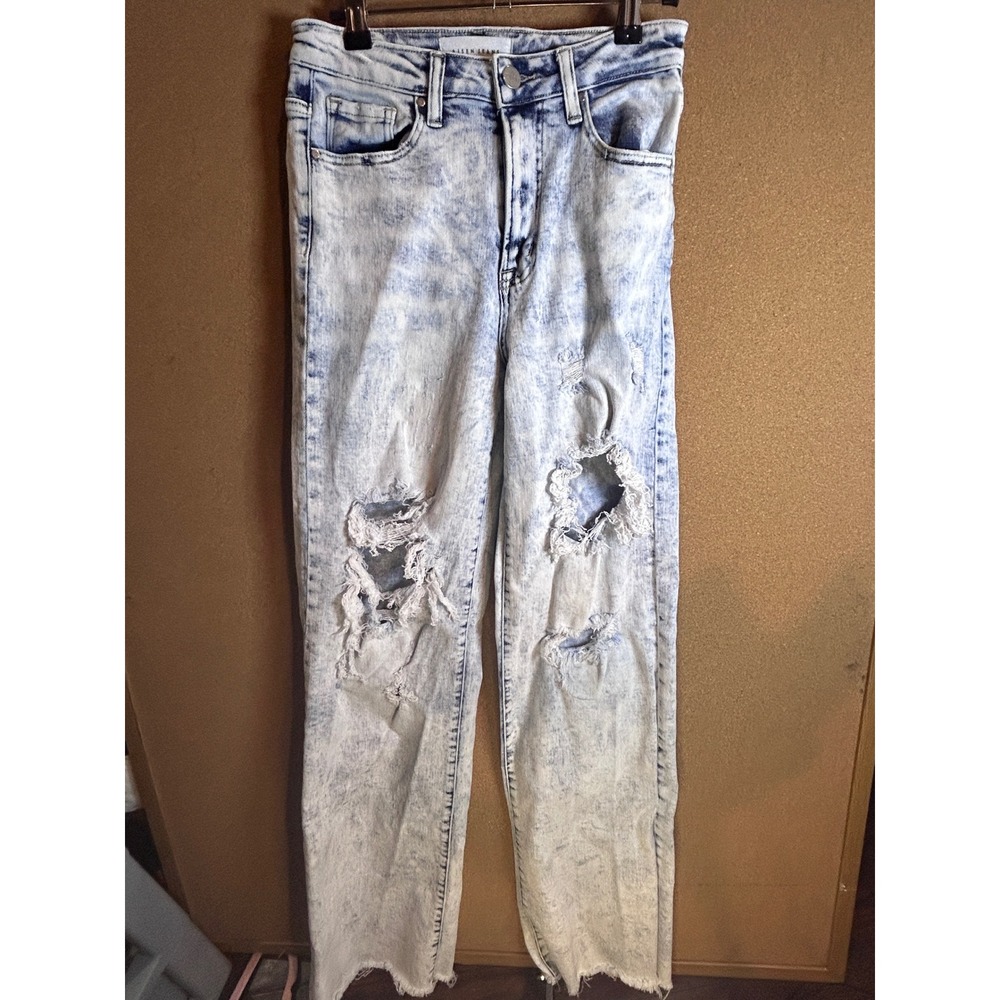 Risen Jeans Distressed Straight Leg Womens 27 Light Acid Wash Excellent Ripped‎